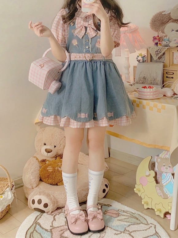 Light Blue Candies Sweet Denim Overall Dress Scalloped Edge Trim Skirt