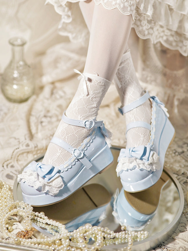 Blue Trim Baby Buckles Platforms at Heart Lace Top Bow