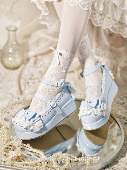 Blue Trim Baby Buckles Platforms at Heart Lace Top Bow