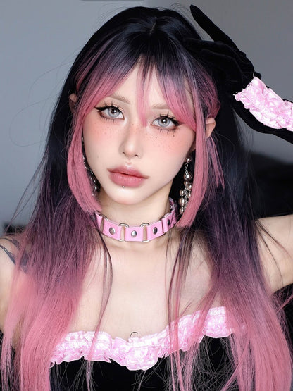 68CM And Black Wig Ombre Length Straight Bangs Air Pink With