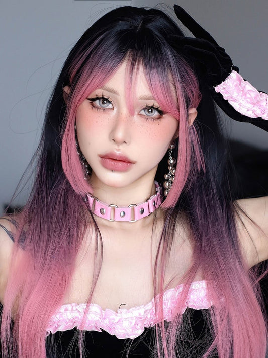 68CM And Black Wig Ombre Length Straight Bangs Air Pink With