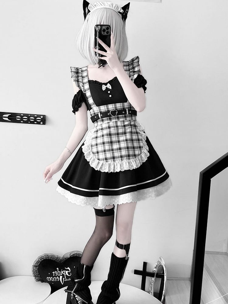 Shoulder Piece Lolita Maid One Set Cutout + Plaid Black Apron