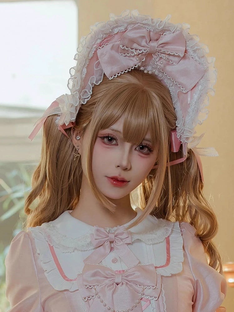 Bows Dress Chain White Sweet Lolita + Pink Bead Decorated and