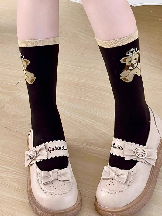 Brown Print Calf Bear Teddy Socks Lolita
