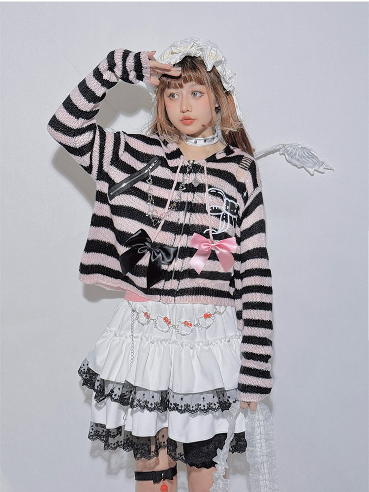 Pink&Black Striped Bowknot Heart-shaped Chain Knit Hooded Cardigan