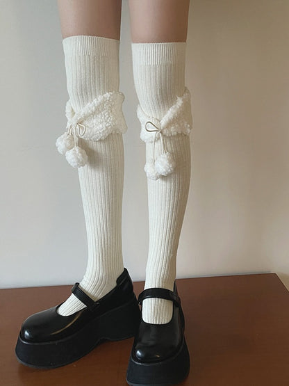 White Black Sweet Bowknot Stockings With Pompons