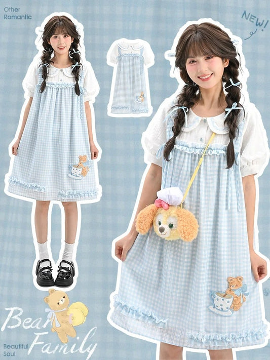 Two-pieces Country Blue Plaid Peter Pan Collar Cottagecore Bear Pattern Dress Faux