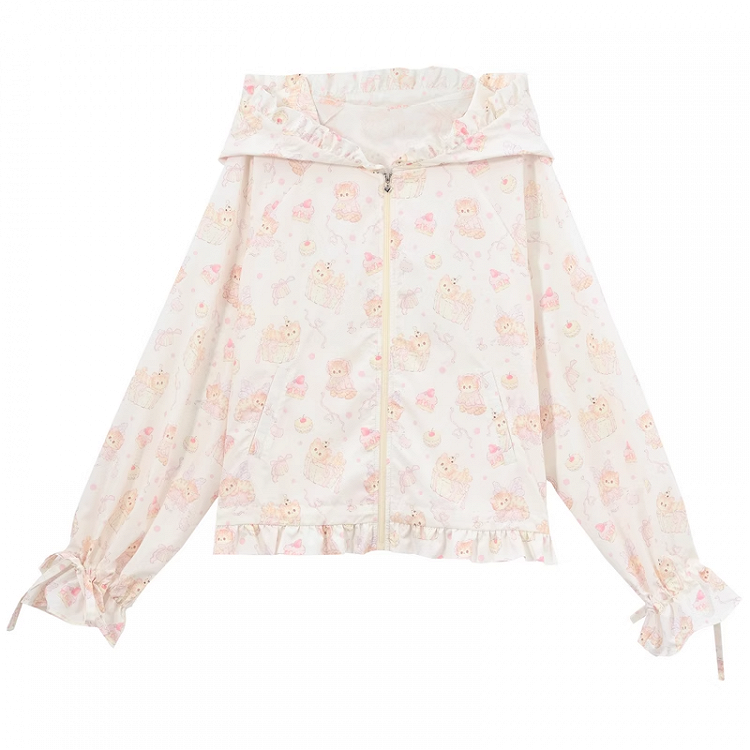 Cuffs Kitty Beige Allover Kitty Print Hood Sun Protection Jacket Ears Drawstring