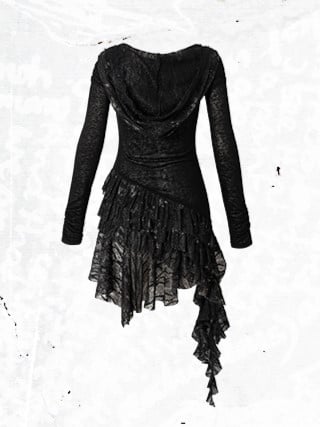 Asymmetric Tiered Lace Dress Cross with Hood Black Hem Print Punk