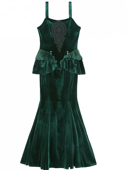 Mermaid Forest Peplum Lace Velvet and Dress with Green Applique Detail Black Dark