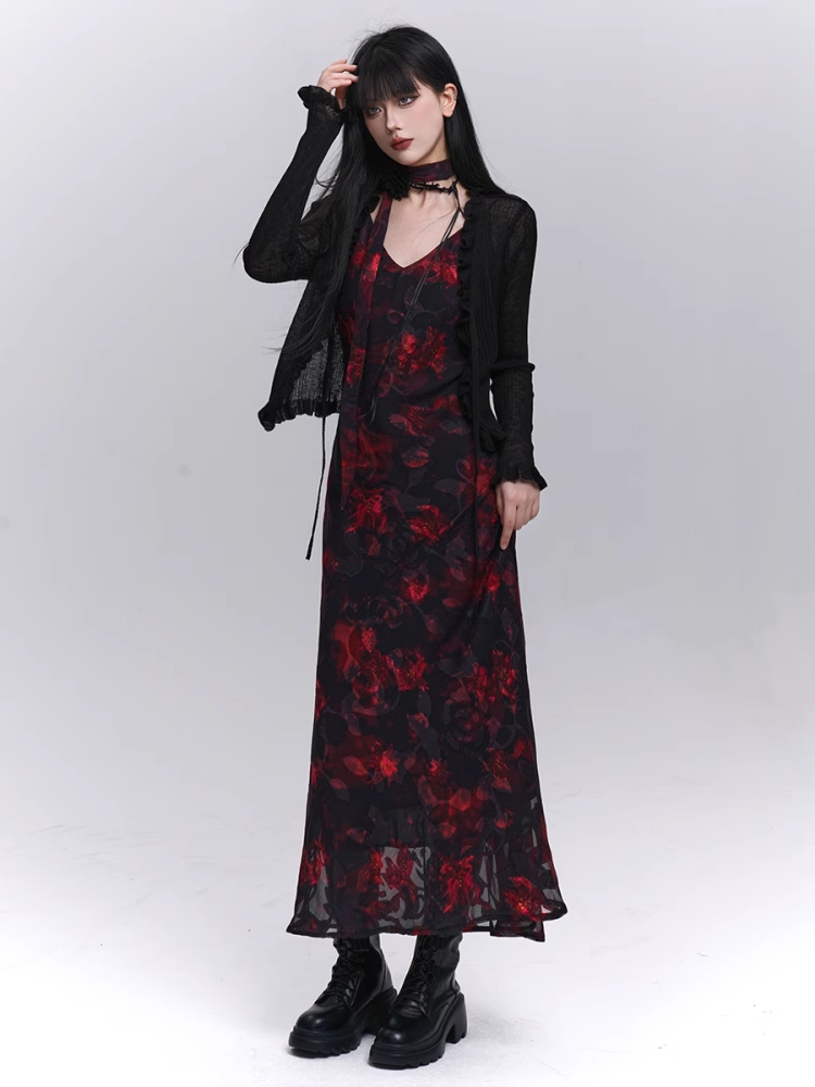 Floral Length Red and Black V-Neck Ankle Slip Dress