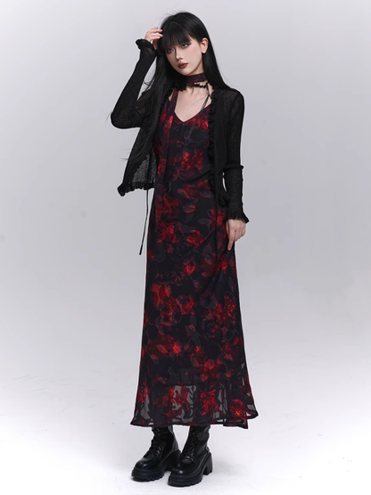 Floral Length Red and Black V-Neck Ankle Slip Dress