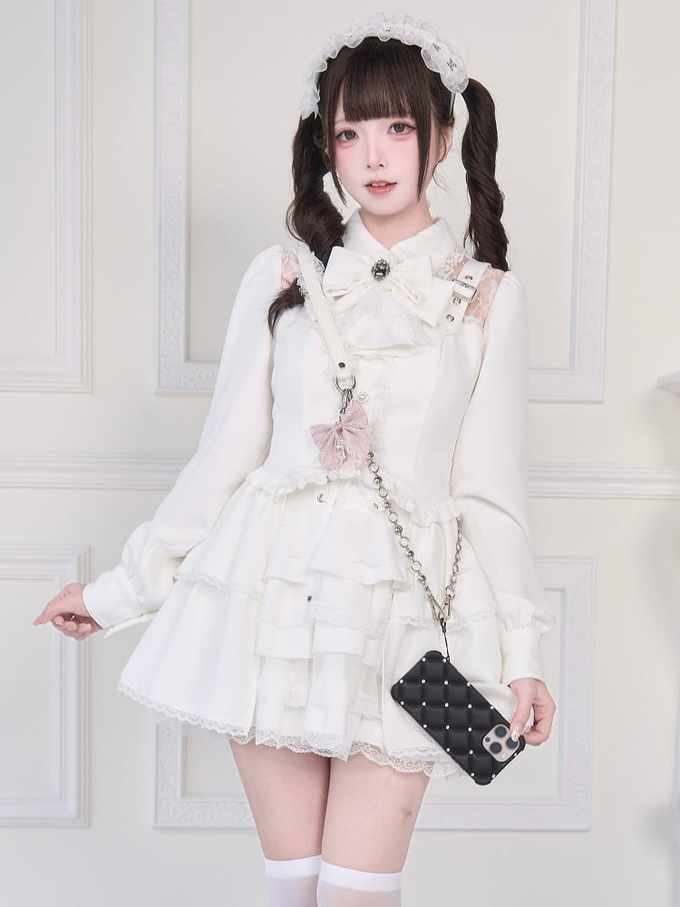 Adorned Blouse Illusion with Strap Details Buckle Neckline White Kei Jirai