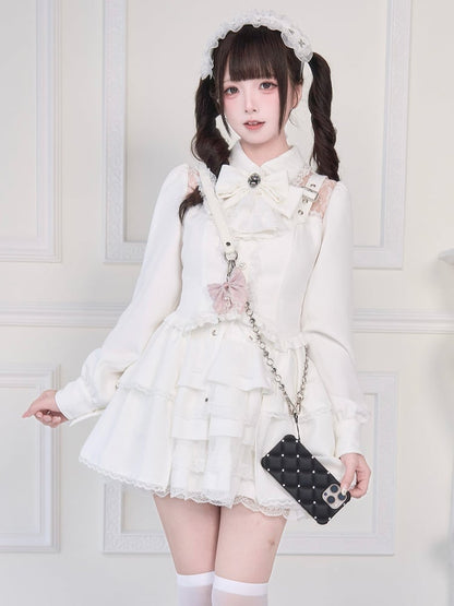 Adorned Blouse Illusion with Strap Details Buckle Neckline White Kei Jirai