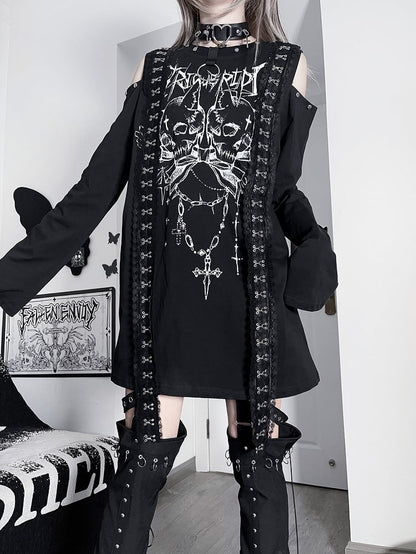 Emo Long And Cutout Letter Top BlackWhite Punk Skeleton Print Sleeves Shoulder