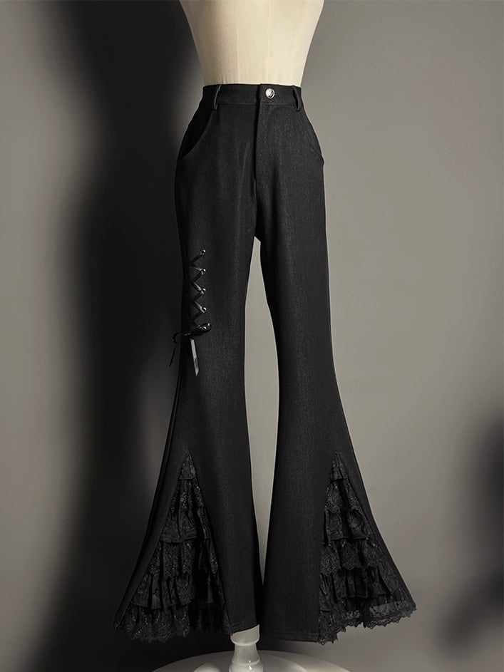 Tiered Patches Pants Lace Flared Cuffs Black