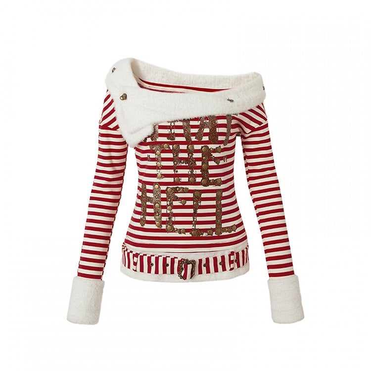 Red&White Stripes Letter Top with Detachable Plush Collar