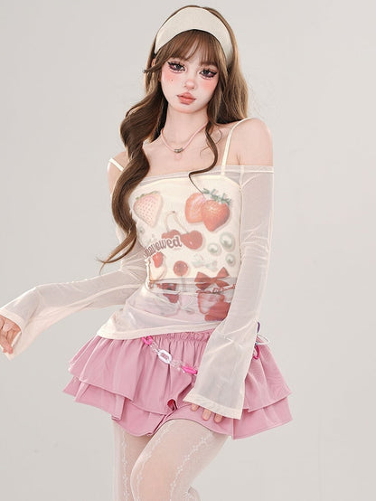 Pink/Apricot Strawberries Print Off-Shoulder Semi-sheer Top with Cami Top Set