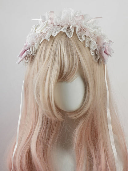 Serre-tête Lolita rose à volants et bordure en dentelle florale et nœud