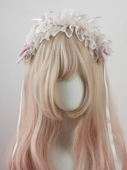 Serre-tête Lolita rose à volants et bordure en dentelle florale et nœud