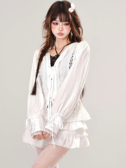 White Lace-up Placket V-neck Lace Blouse Balloon Sleeves