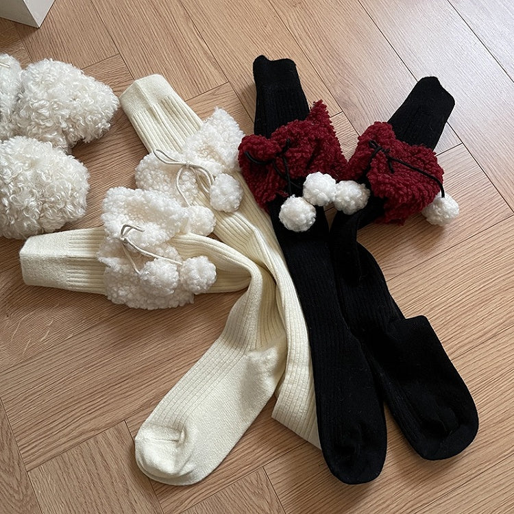 White Black Sweet Bowknot Stockings With Pompons