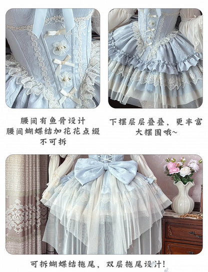 Blue Big Puffy Dress Hime Lolita Balletcore Bow Fabric Train JSK Boned Basque Waist Jacquard with