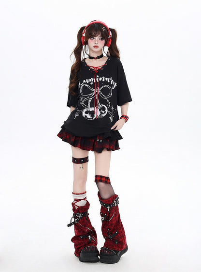 Print T-Shirt with V-Neck Lace-up Neckline Black/White Cherry Detail