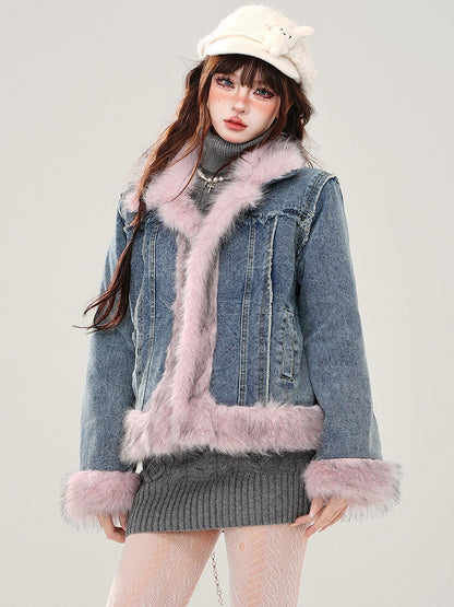 Blue Faux Fur Trim Thick Denim Jacket
