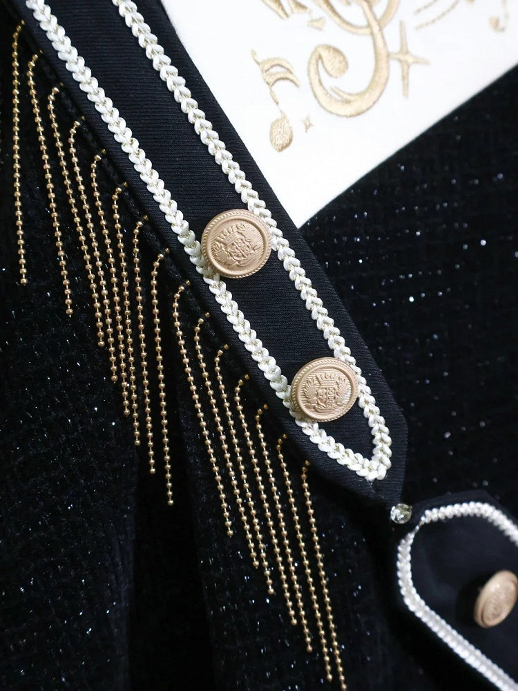 Black Ouji Glittering Waffle Top with Music Notes and Fringe Sash