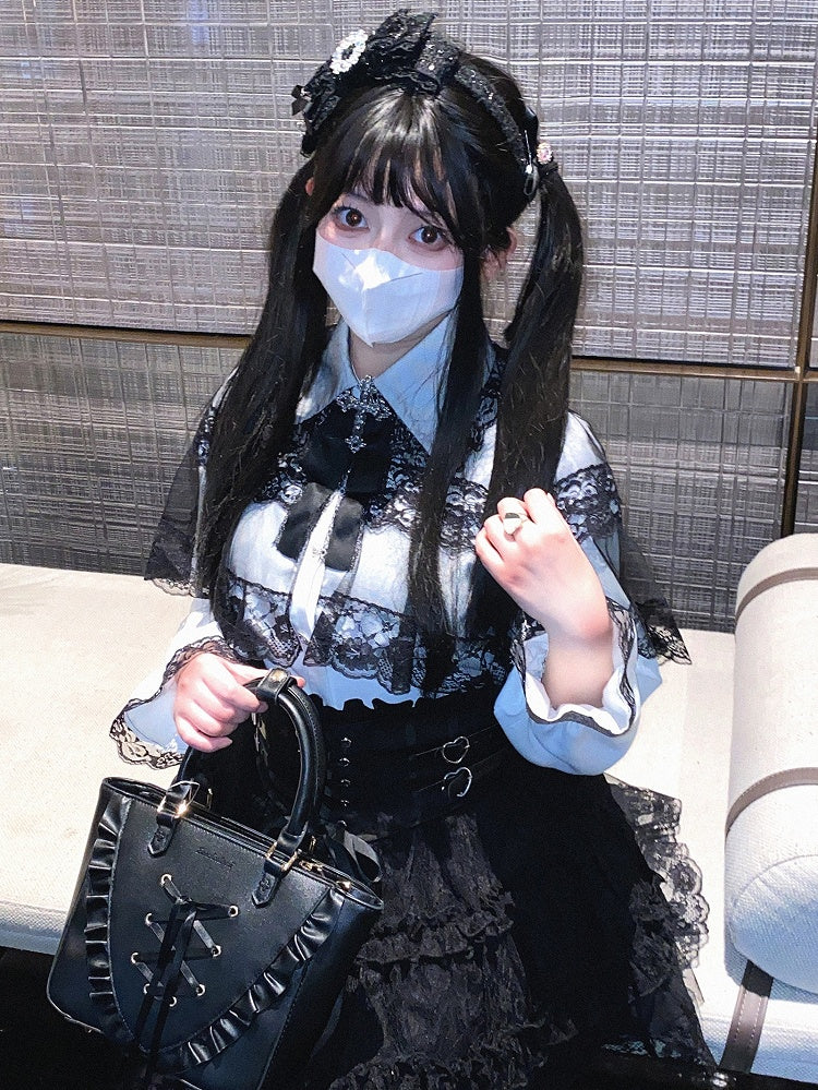 Jirai Kei White&Black/All Black Lace Cape Design Landmine Style Blouse