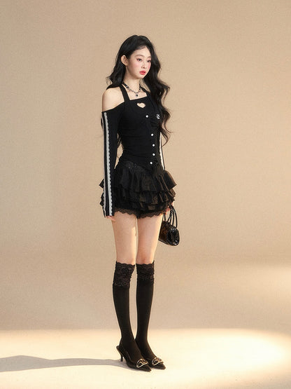 Trim Glamorous Lace Cutout Black Halter Neck Heart-shaped Top Slim-fitting