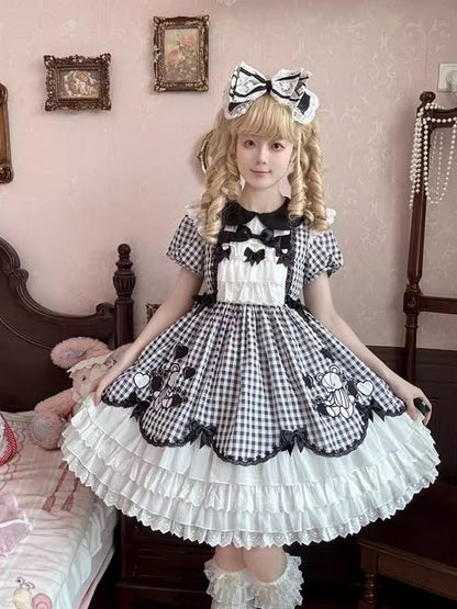 Sleeves Black  White Plaid Bear Lolita Dress Skirt Puff Tiered Embroidery OP