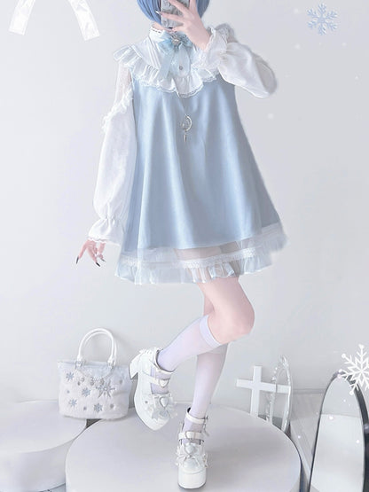 Jirai Kei Light Blue Lace Patch Shoulders Landmine Style Lace Trimmed Long Sleeve Dress