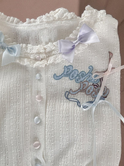 White Embroidery Detail Long Sleeves Knitted Top