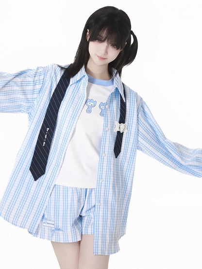 Blue  White Elastic Waist Plaid Shorts