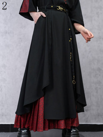 Double-Layer with Thicken/Thin Hem Print Cheongsam Red Pleated Black Snake Skirt Asymmetrical