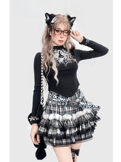 Black Plaid Pattern Lace Trim Tiered  Skirt