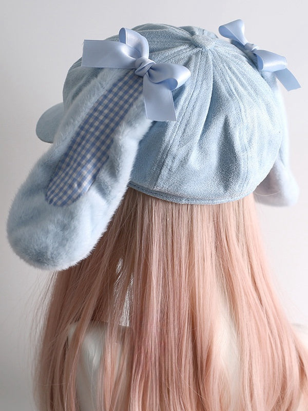 Blue/Black Sweet Buckle Straps Plaid Pattern Bunny Ears Beret