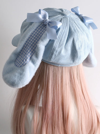 Blue/Black Sweet Buckle Straps Plaid Pattern Bunny Ears Beret