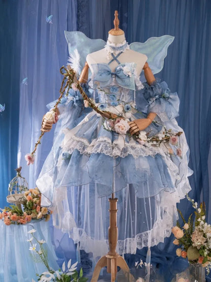 Full Princess Floral Butterfly Set Design Blue JSK Fairycore Lolita Dress