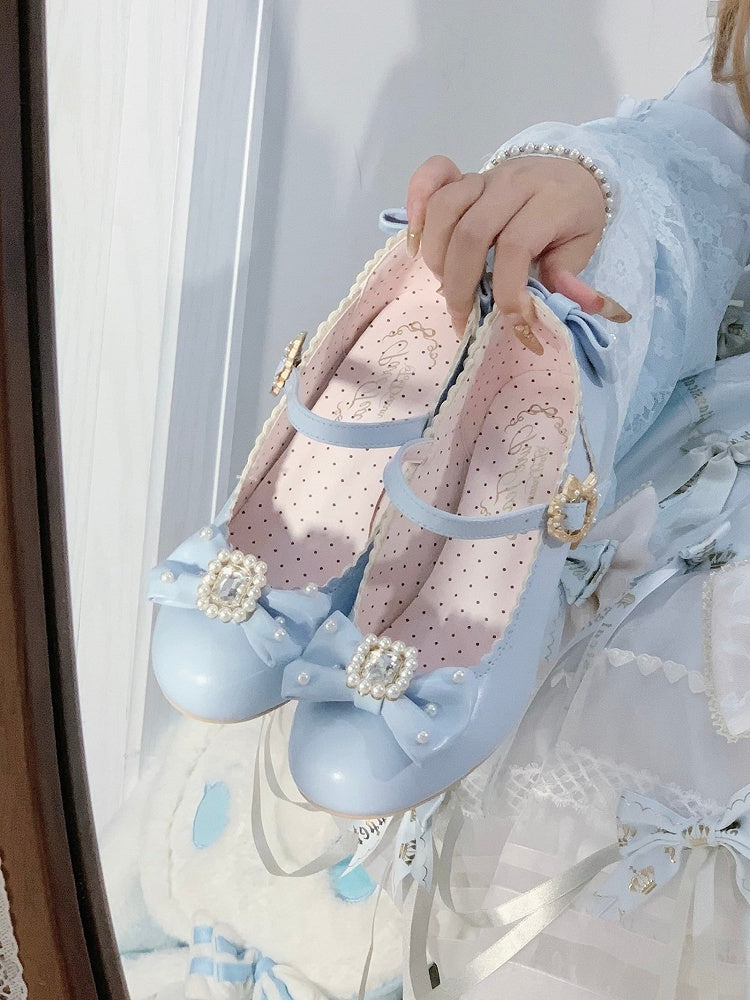 Round Mary Toe Decorated Lolita Rhinestone And Details Bowknot Janes Beaded Blue Shoes