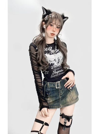 Y2K Black Semi-Sheer Round Neck Ruffled Sleeves Glamorous Graphic Top