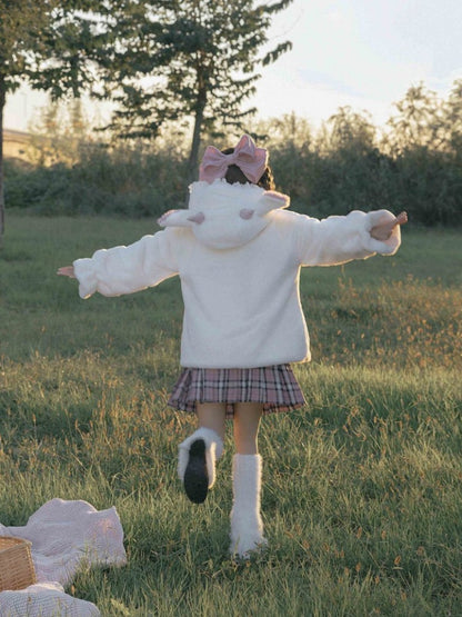 White Cute Lamb Ears Hooded Winter Cozy Plush Coat