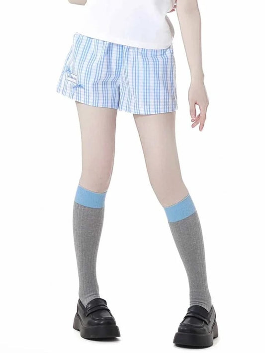 Blue  White Elastic Waist Plaid Shorts