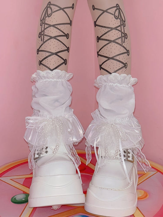 Beaded White Lace Decorated Sleeves Trim Leg Bowknot Y2K