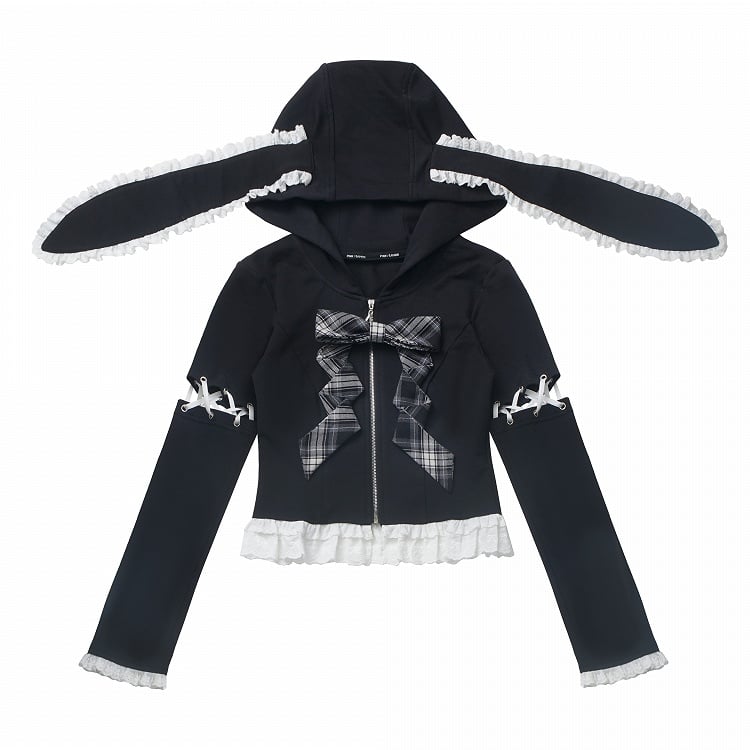 Lace-up Lace Trim Bunny Ears White/Black Design Hood Zip Closure Hoodie Sleeves Detachable