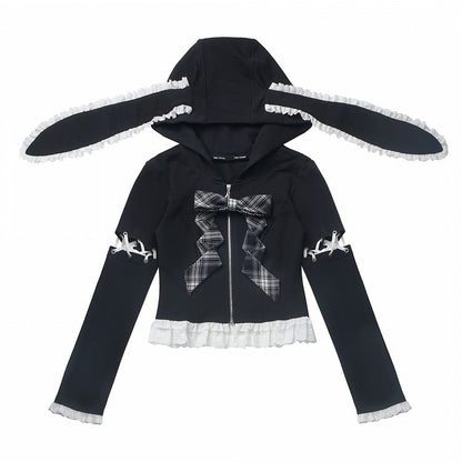 Lace-up Lace Trim Bunny Ears White/Black Design Hood Zip Closure Hoodie Sleeves Detachable