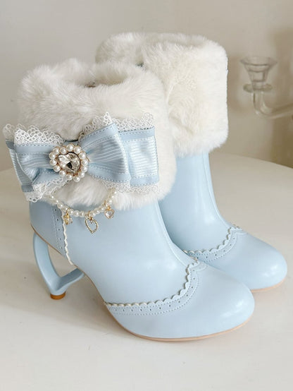 Sweet Leather Heel Boots Blue Style Bow PU Rhinestone - a with in Heart-Shaped Beaded Heart