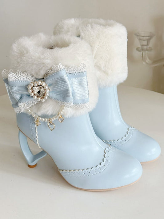 Sweet Leather Heel Boots Blue Style Bow PU Rhinestone - a with in Heart-Shaped Beaded Heart